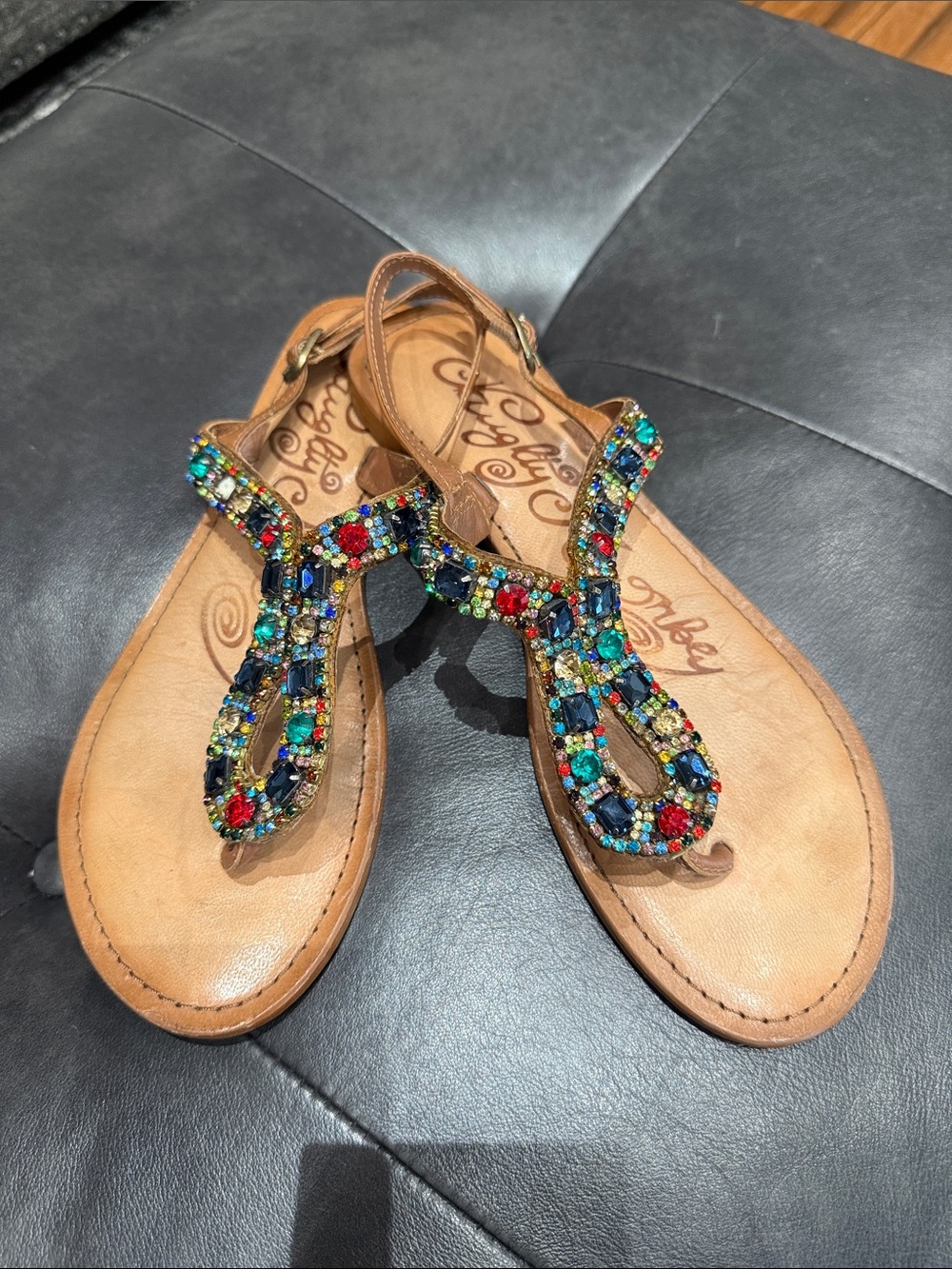 Naughty Monkey Multicolor Jeweled Tan Leather T-Strap Sandals Women’s Size 8.5M